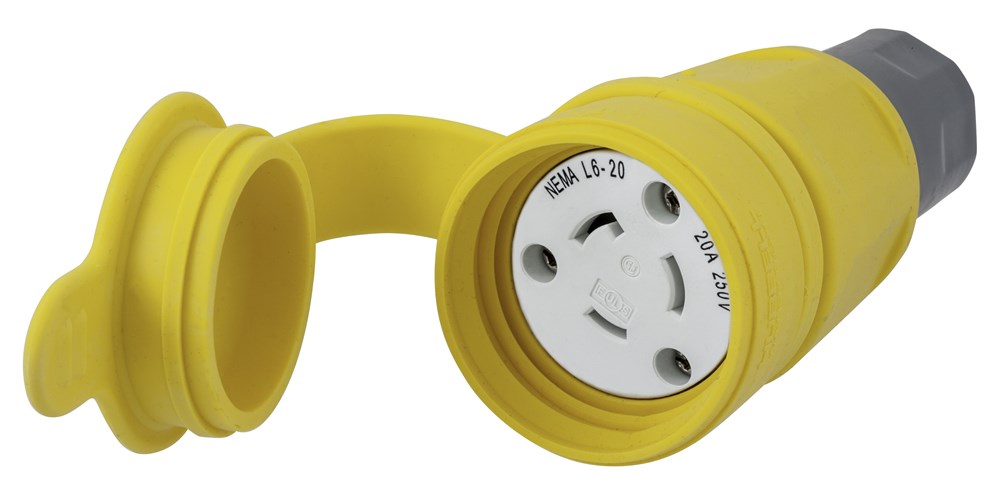 Watertight Devices, Locking Devices, Elastomeric, Female Connector Body, 20A 250V, 2-Pole 3-Wire Grounding, L6-20R, Screw Terminal, Yellow, Water/Dust-Tight Housing