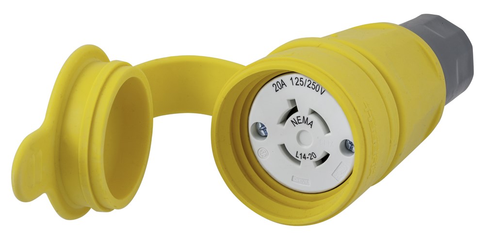 Watertight Devices, Locking Devices, Elastomeric, Female Connector Body, 20A 125/250V, 3-Pole 4-Wire Grounding, L14-20R, Screw Terminal, Yellow, Water/Dust Tight Housing