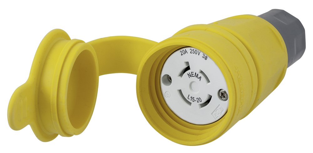 Watertight Devices, Locking Devices, Elastomeric, Female Connector Body, 20A 3-Phase Delta 250V AC, 3-Pole 4-Wire Grounding, L15-20R, Screw Terminal, Yellow, Water/Dust-Tight Housing