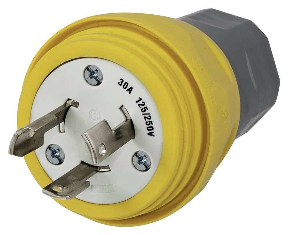 Watertight Devices, Locking Devices, Elastomeric, Male Plug, 30A 125/250V, 3-Pole 3-Wire Non-Grounding, Non-NEMA, Screw Terminal, Yellow, Water/Dust Tight Housing