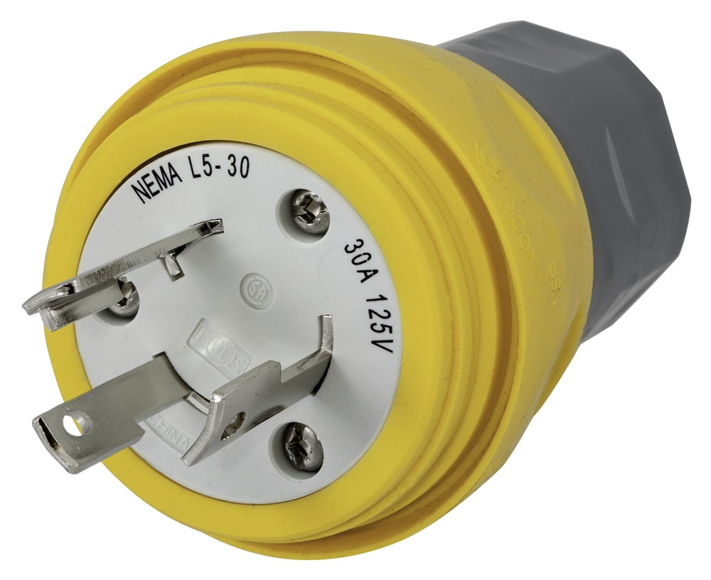 Watertight Devices, Locking Devices, Elastomeric, Male Plug, 30A 125V, 2-Pole 3-Wire Grounding, L5-30P,  Screw Terminal, Yellow, Water/Dust-Tight Housing