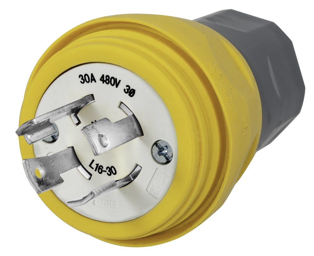 Watertight Devices, Locking Devices, Elastomeric, Male Plug, 30A 3-Phase Delta 480V AC, 3-Pole 4-Wire Grounding, L16-30P, Screw Terminal, Yellow, Water/Dust-Tight Housing