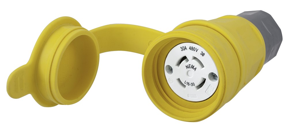 Watertight Devices, Locking Devices, Elastomeric, Female Connector Body, 30A 3-Phase Delta 480V AC, 3-Pole 4-Wire Grounding, L16-30R, Screw Terminal, Yellow, Water/Dust-Tight Housing