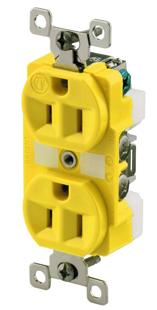 Straight Blade Devices, Receptacles, Duplex, Commercial/Industrial Grade, Corrosion Resistant, 15A 125V, 2-Pole 3-Wire Grounding, 5-15R, Yellow, Single Pack
