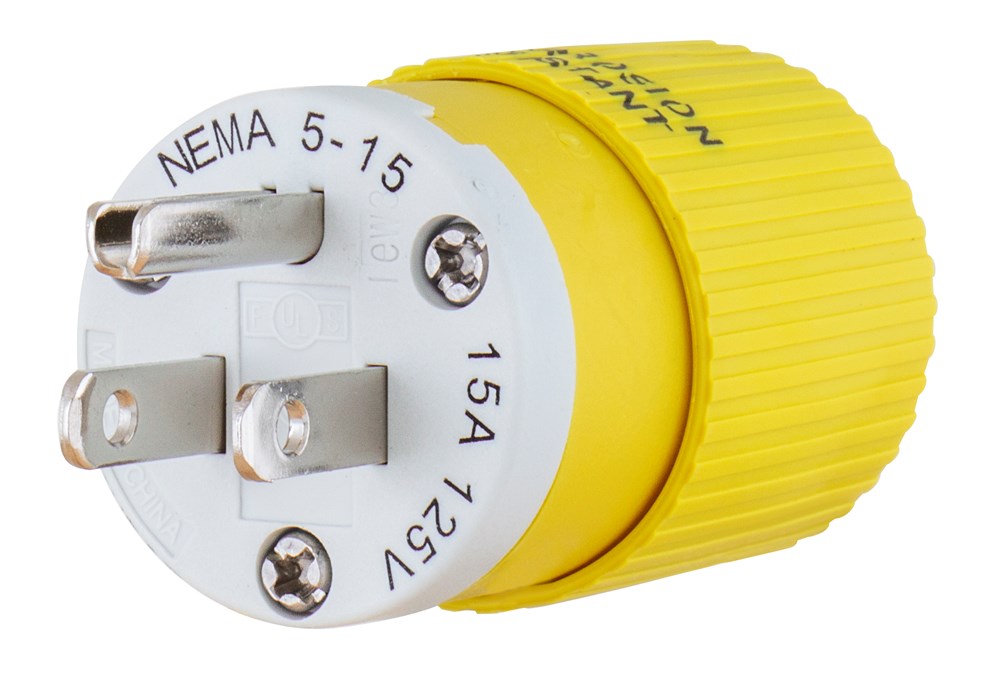 Straight Blade Devices, Male Plug, Corrosion Resistant, Industrial/Commercial Grade, Straight, 15A 125V, 2-Pole 3- Wire Grounding, 5-15P, Yellow ,Single Pack
