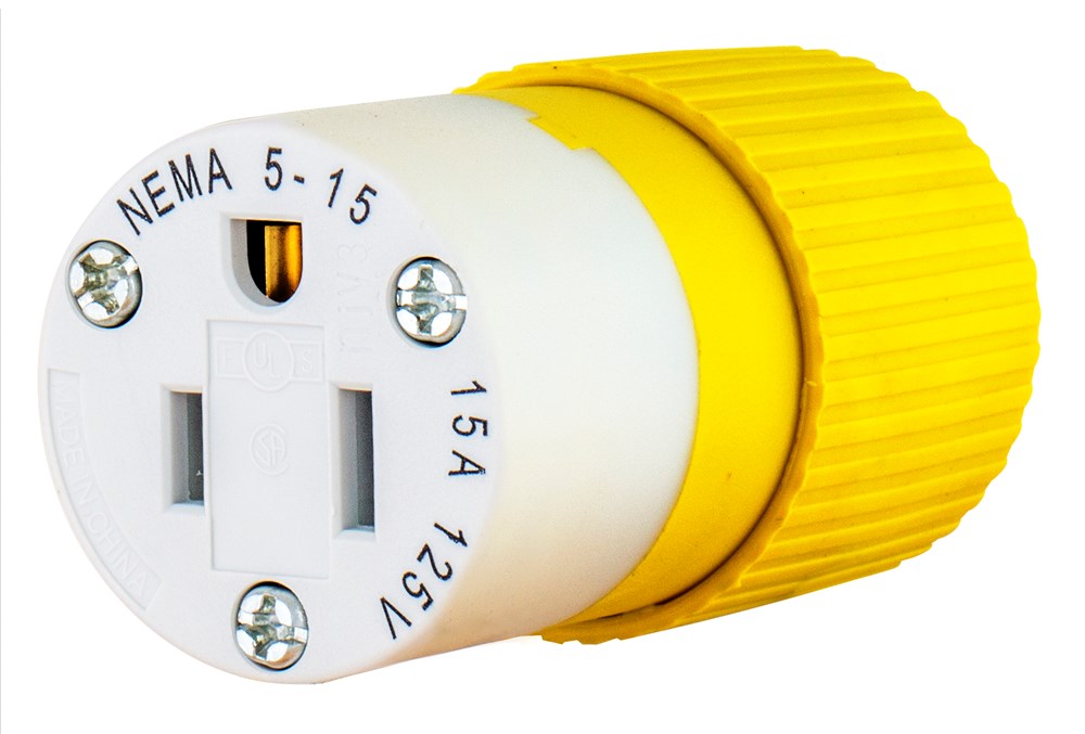 Straight Blade Devices, Female Connector Body, Corrosion Resistant, Industrial/Commercial Grade, Straight, 15A 125V, 2- Pole 3-Wire Grounding, 5-15R, Yellow, Single Pack