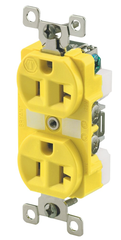 Straight Blade Devices, Receptacles, Duplex, Commercial/Industrial Grade, Corrosion Resistant, 15A 125V, 2-Pole 3-Wire Grounding, 5-15R, Yellow, Single Pack