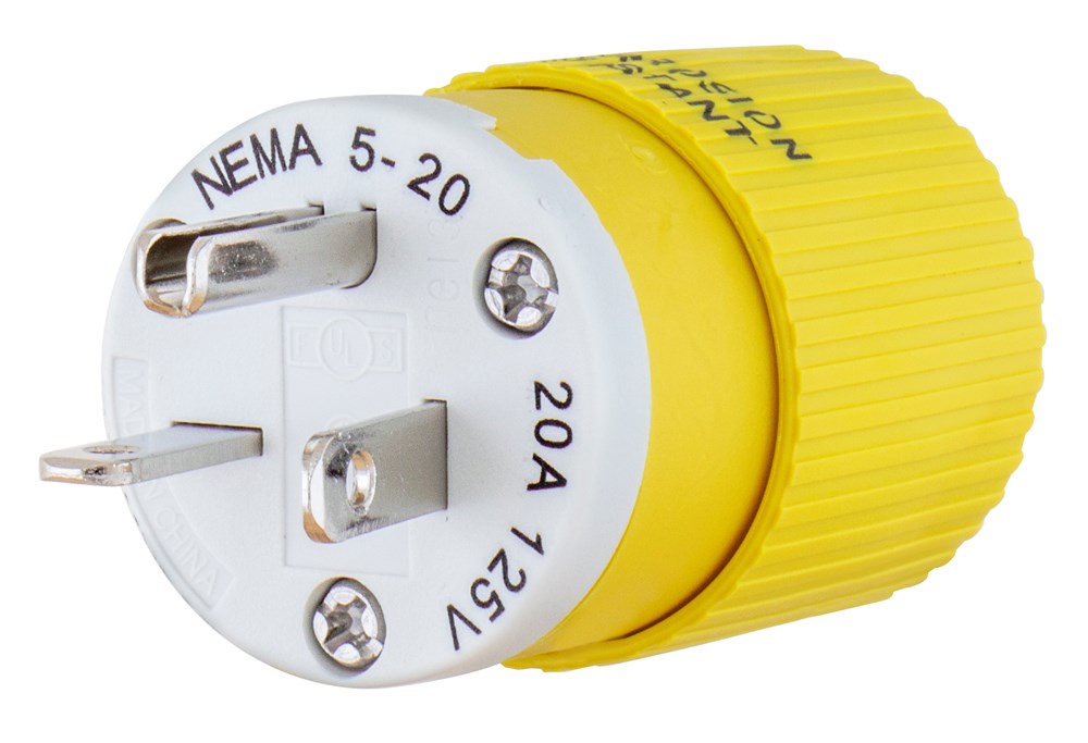 Straight Blade Devices, Male Plug, Corrosion Resistant, Industrial/Commercial Grade, Straight, 20A 125V, 2-Pole 3- Wire Grounding, 5-20P, Yellow, Single Pack, Corrosion Resistant