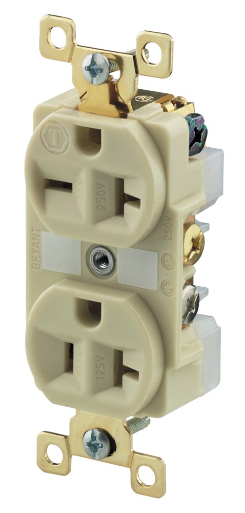 Straight Blade Devices, Receptacles, Duplex, Commercial/Industrial Grade, 20A 125V and 250V, 2-Pole 3-Wire Grounding, 5-20R and 6- 20R, Ivory, Single Pack