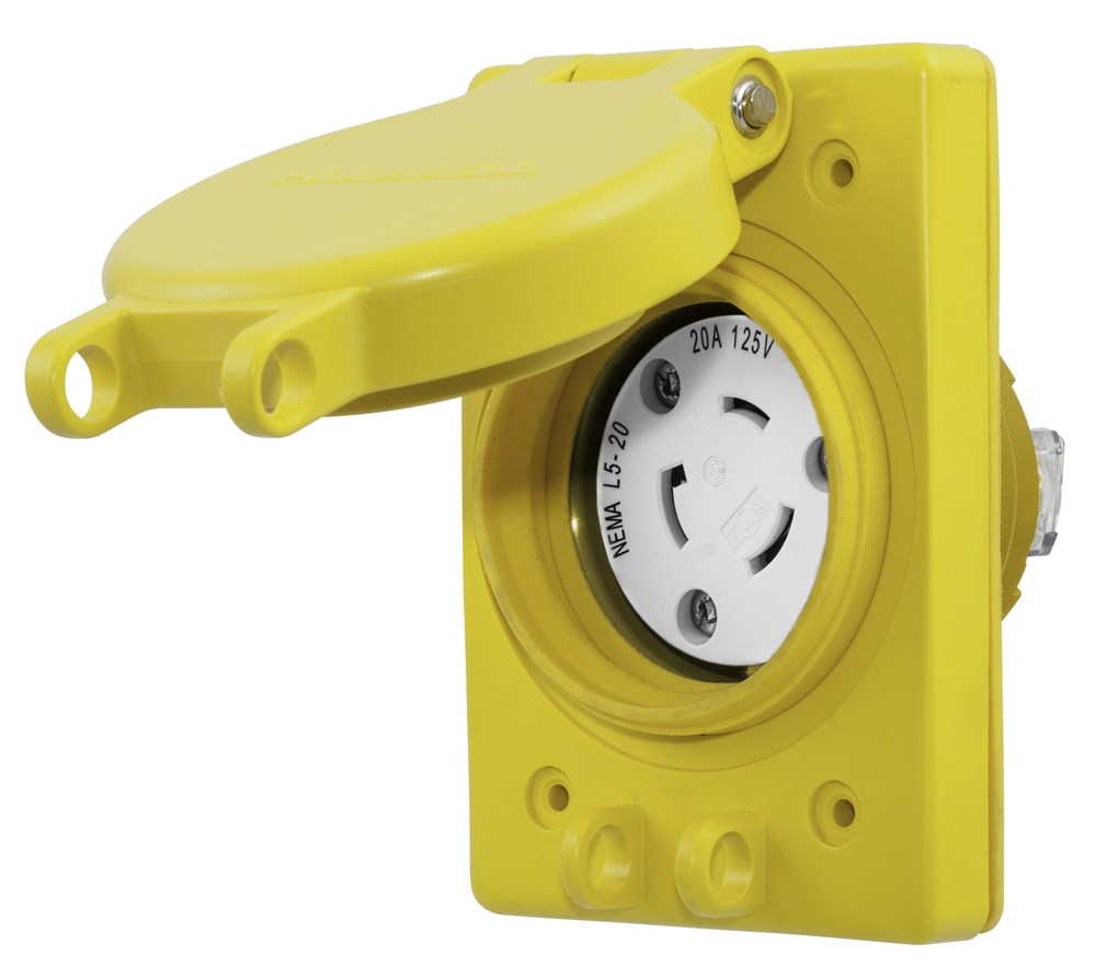 Watertight Series, Locking Receptacle, 20A 125V AC, 2-Pole 3-Wire Grounding, NEMA L5-20R, Yellow