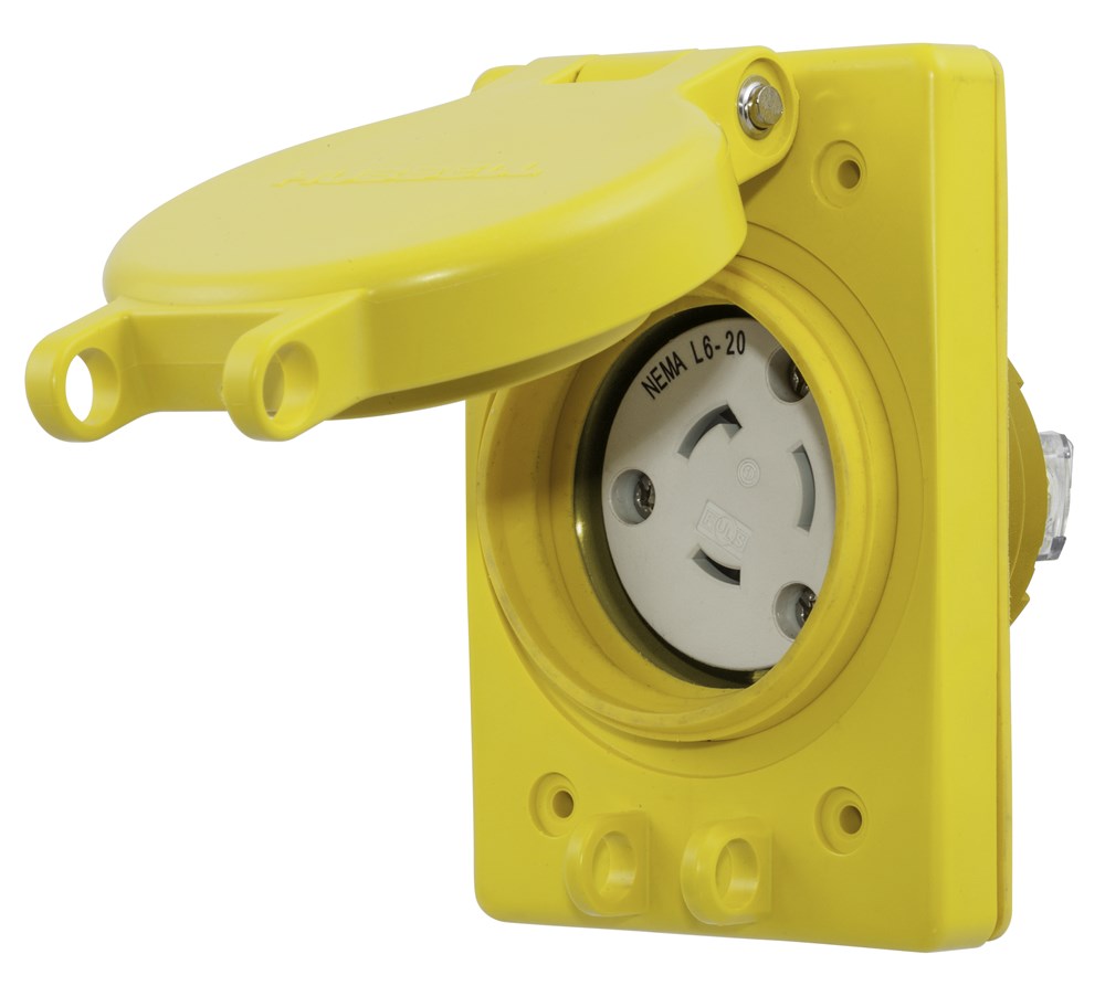 Watertight Series, Locking Receptacle, 20A 250V AC, 2-Pole 3-Wire Grounding, NEMA L6-20R, Yellow