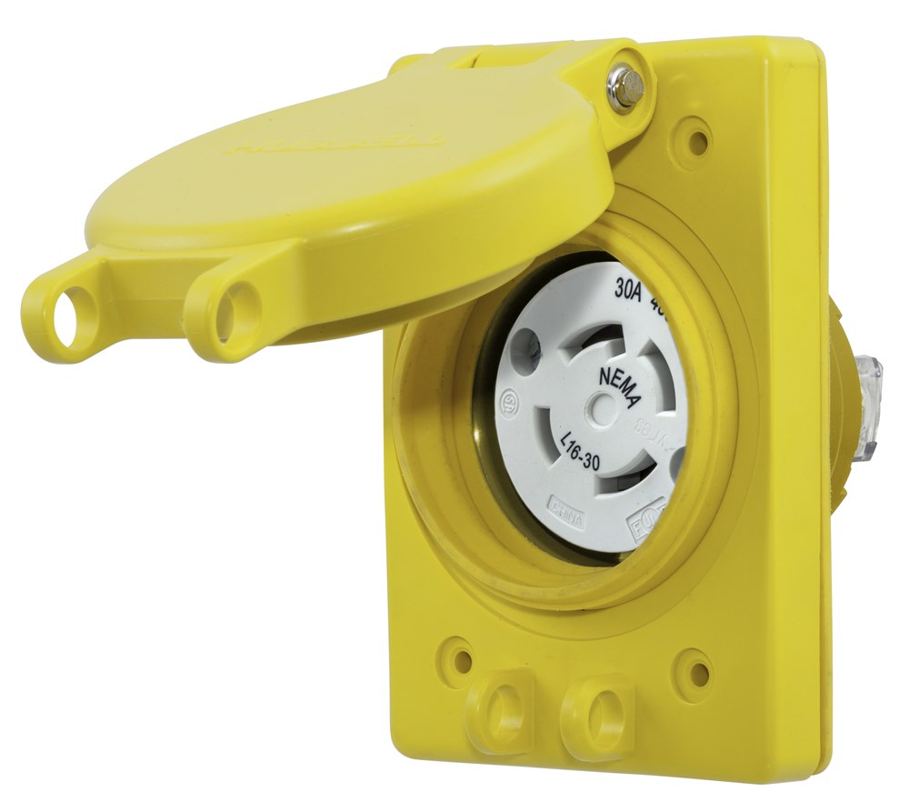 Watertight Series, Locking Receptacle, 30A 3-Phase 480V AC, 3-Pole 4-Wire Grounding, NEMA L16-30R, Yellow
