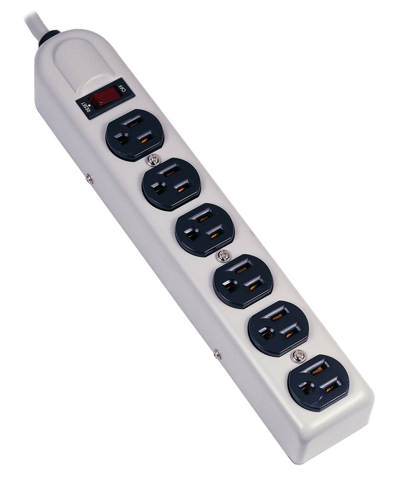 Straight Blade Devices, Plug Strip, 6) Receptacles, Metallic Body , 6' Cord