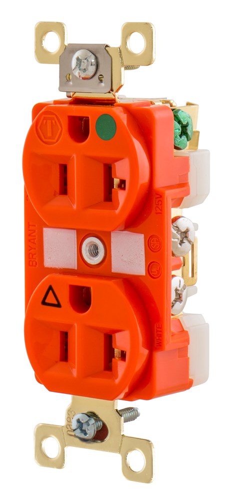 Straight Blade Devices, Receptacles, Duplex, Hospital Grade, 20A 125V, 2-Pole 3-Wire Grounding, 5-20R, Orange, Single Pack