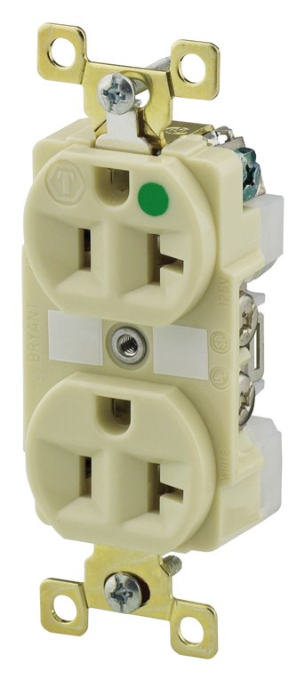 Straight Blade Devices, Receptacles, Duplex, Hospital Grade, 20A 125V, 2-Pole 3-Wire Grounding, 5-20R, Ivory, Single Pack, Illuminated Face