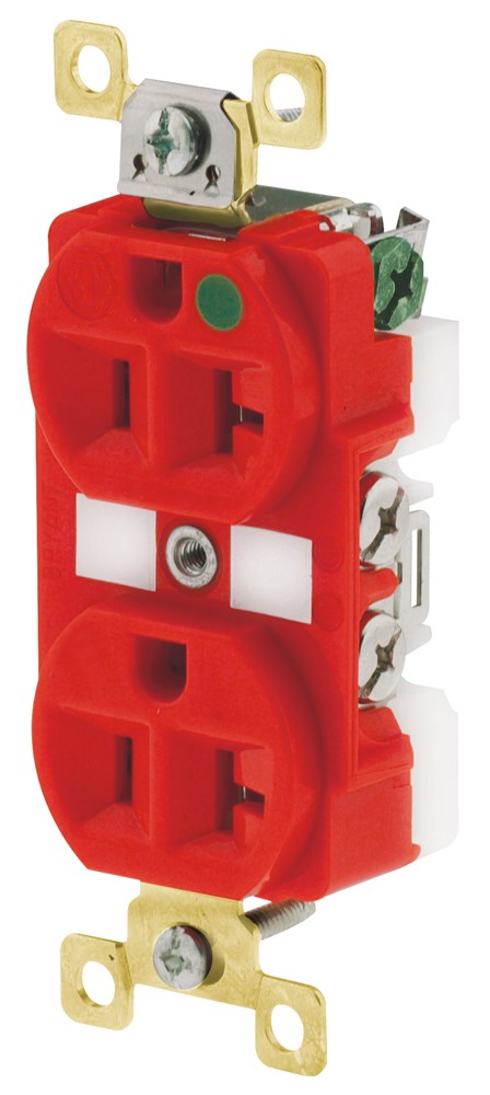 Straight Blade Devices, Receptacles, Duplex, Hospital Grade, 20A 125V, 2-Pole 3-Wire Grounding, 5-20R, Red, Single Pack, Illuminated Face