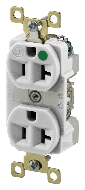 Straight Blade Devices, Receptacles, Duplex, Hospital Grade, 20A 125V, 2-Pole 3-Wire Grounding, 5-20R, White, Single Pack, Illuminated Face