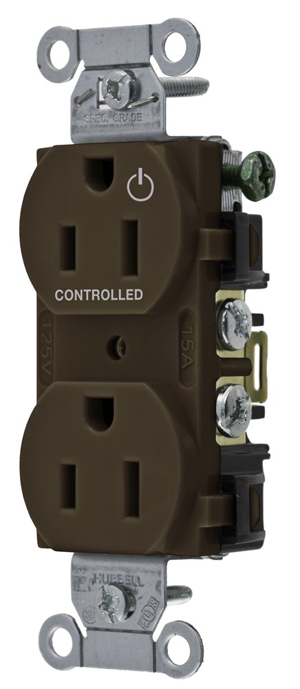 Straight Blade Devices, Receptacles, Duplex, Commercial Grade, 1/2 Controlled, 15A 125V, 2-Pole 3-Wire Grounding, 5- 15R, Brown