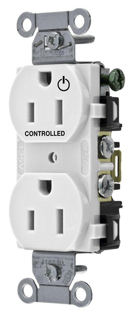Straight Blade Devices, Receptacles, Duplex, Commercial Grade, 1/2 Controlled, 15A 125V, 2-Pole 3-Wire Grounding, 5- 15R, White