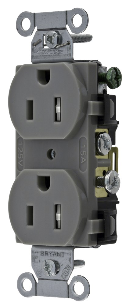 Straight Blade Devices, Tamper and Weather Resistant Duplex Receptacle, Commercial Grade, Back and Side Wired, 15A 125V, 2-Pole 3-Wire Grounding, 5-15R, Gray