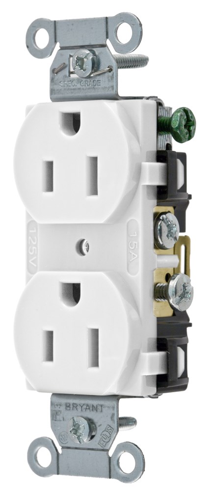 Straight Blade Devices, Receptacles, Duplex, Commercial Grade, 15A 125V, 2- Pole 3-Wire Grounding, 5-15R, White, Single Pack