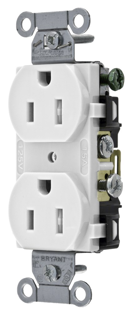 Straight Blade Devices, Weather Resistant Duplex Receptacle, Commercial Grade, Back and Side Wired, 15A 125V, 2-Pole 3- Wire Grounding, 5-15R, White