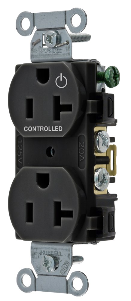 Straight Blade Devices, Receptacles, Duplex, Commercial Grade, 1/2 Controlled, 20A 125V, 2-Pole 3-Wire Grounding, 5- 20R, Black