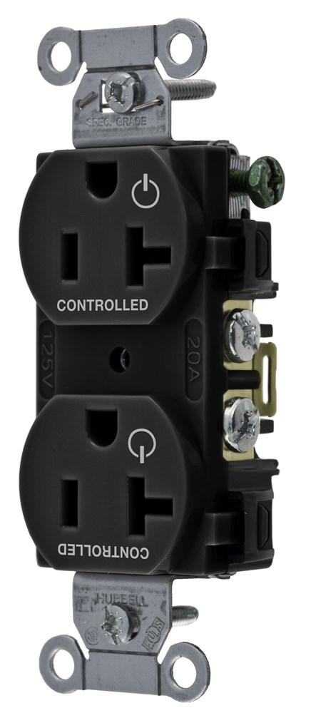 Straight Blade Devices, Receptacles, Duplex, Commercial Grade, Controlled, 20A 125V, 2-Pole 3-Wire Grounding, 5-20R, Black