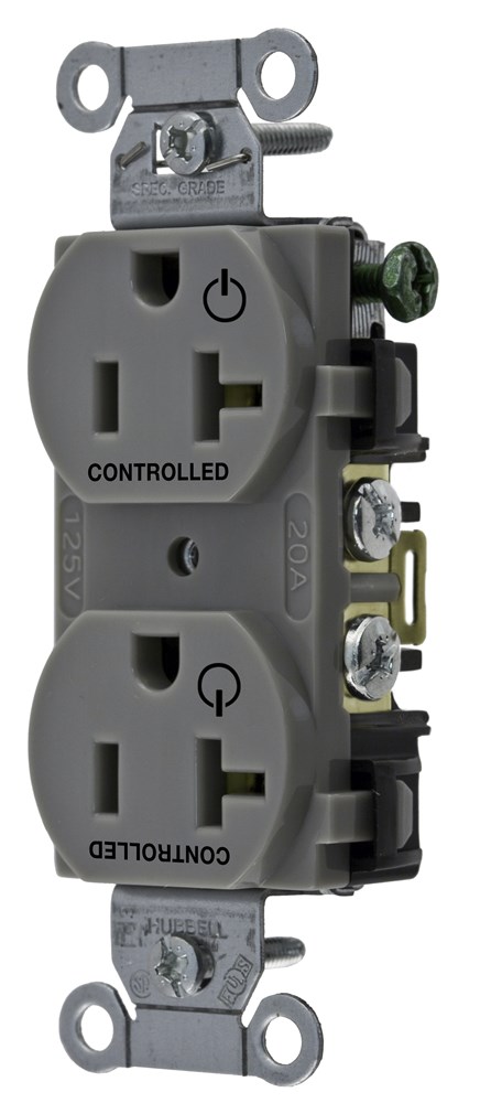 Straight Blade Devices, Receptacles, Duplex, Commercial Grade, Controlled, 20A 125V, 2-Pole 3-Wire Grounding, 5-20R, Gray