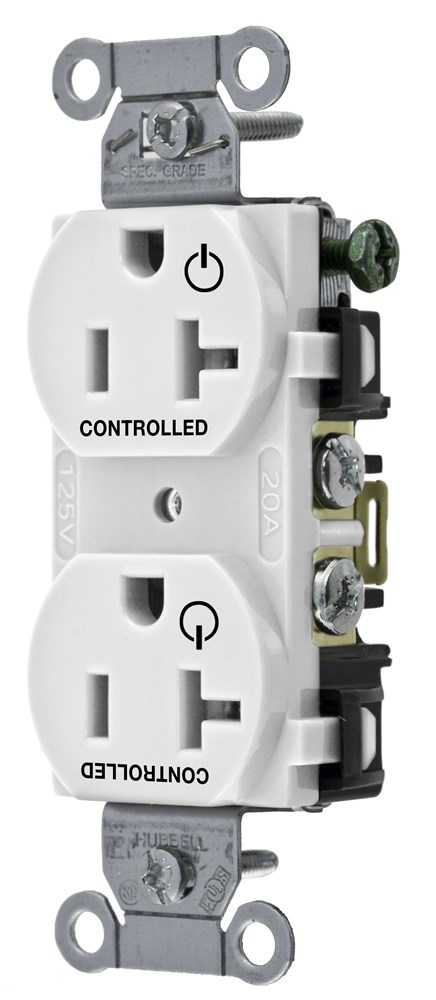 Straight Blade Devices, Receptacles, Duplex, Commercial Grade, Controlled, 20A 125V, 2-Pole 3-Wire Grounding, 5-20R, Light White