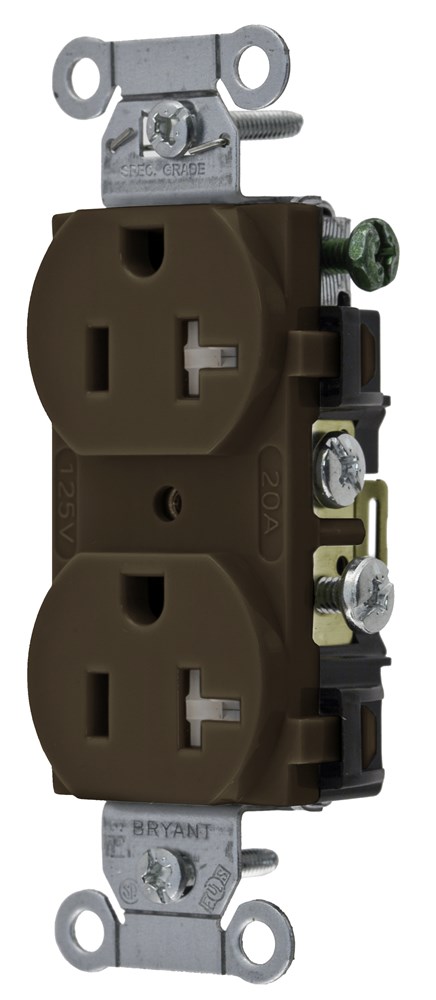 Straight Blade Devices, Weather Resistant Duplex Receptacle, Commercial Grade, Back and Side Wired, 20A 125V, 2-Pole 3- Wire Grounding, 5-20R, Brown
