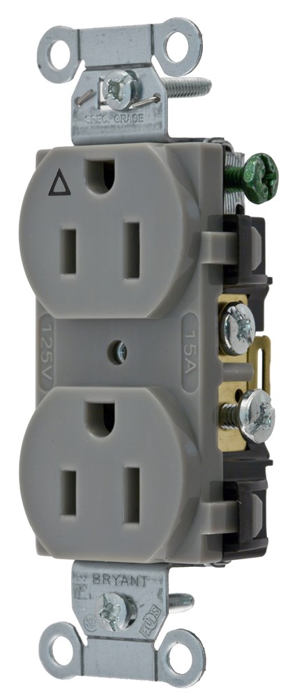 Straight Blade Devices, Receptacles, Duplex, Commercial Grade, 15A 125V, 2-Pole 3-Wire Grounding, 5-15R, Gray, Single Pack, Isolated Ground