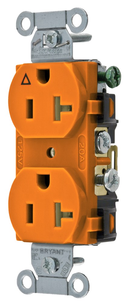 Straight Blade Devices, Receptacles, Duplex, Commercial Grade, 20A 125V, 2-Pole 3-Wire Grounding, 5-20R, Orange, Single Pack, Isolated Ground