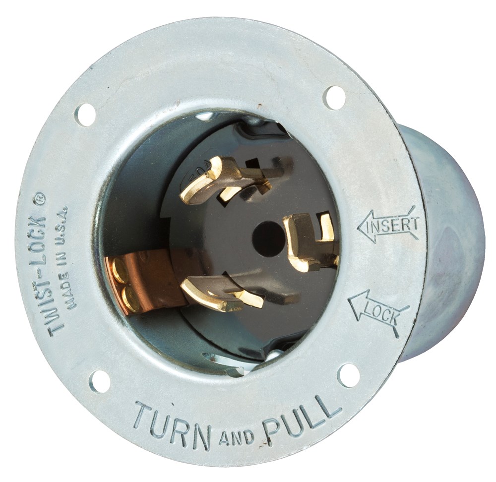 Locking Devices, Industrial, Flanged Inlet, 50A Phase Delta 480V AC, 3-Pole 4-Wire Grounding, Non-NEMA, Screw Terminal, Steel