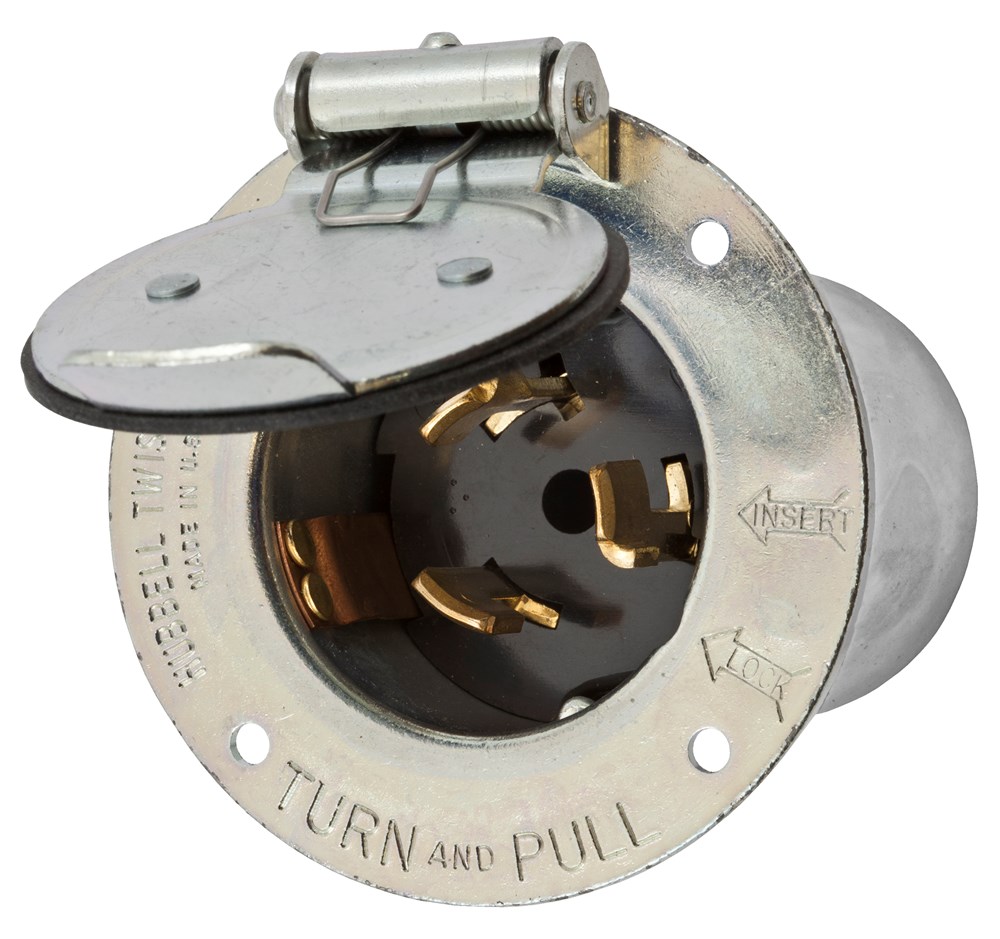 Bryant Wiring Devices, Locking Devices, Industrial, Flanged Inlet, 50A3-Phase Delta 480V AC, 3-Pole 4-Wire Grounding, Non-NEMA, ScrewTerminal, Black, With Weatherproof Cover