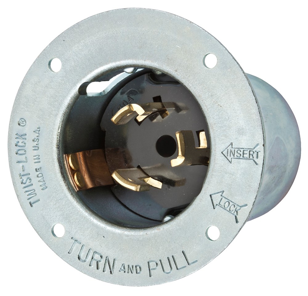 Locking Devices, Industrial, Flanged Inlet, 50A 3-Phase Delta 250V AC, 3-Pole 4-Wire Grounding, Non- NEMA, Screw Terminal, Steel