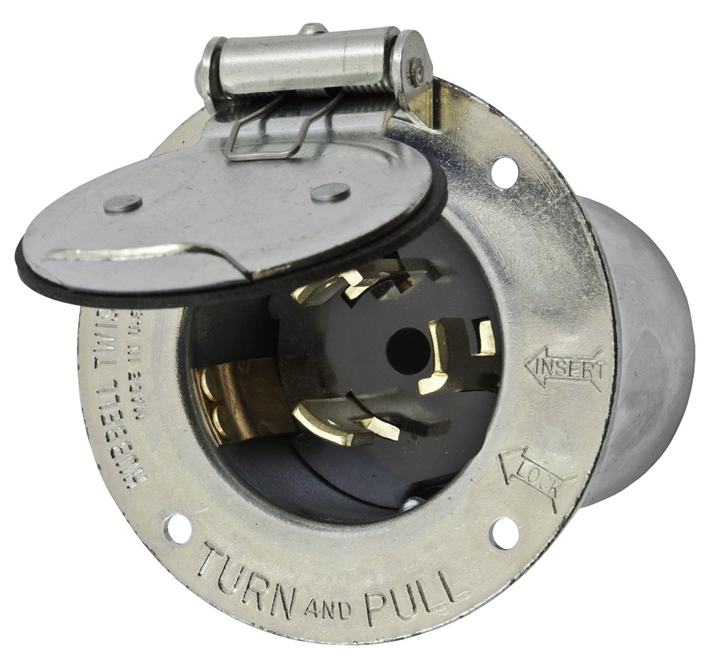 Locking Devices, Industrial, Flanged Inlet, 50A 3-Phase Delta 250V AC, 3-Pole 4-Wire Grounding, Non- NEMA, Screw Terminal, Steel Casing with Weatherproof Cover Plate