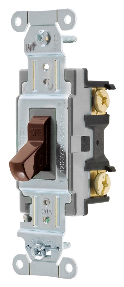 Switches and Lighting Controls, Commercial Grade, Toggle Switches, General Purpose AC, Single Pole, 20A 120/277V AC, Back and Side Wired, Brown