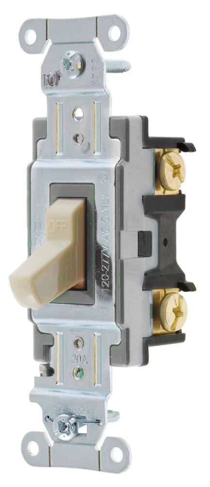Switches and Lighting Controls, Commercial Grade, Toggle Switches, General Purpose AC, Single Pole, 20A 120/277V AC, Back and Side Wired, Ivory