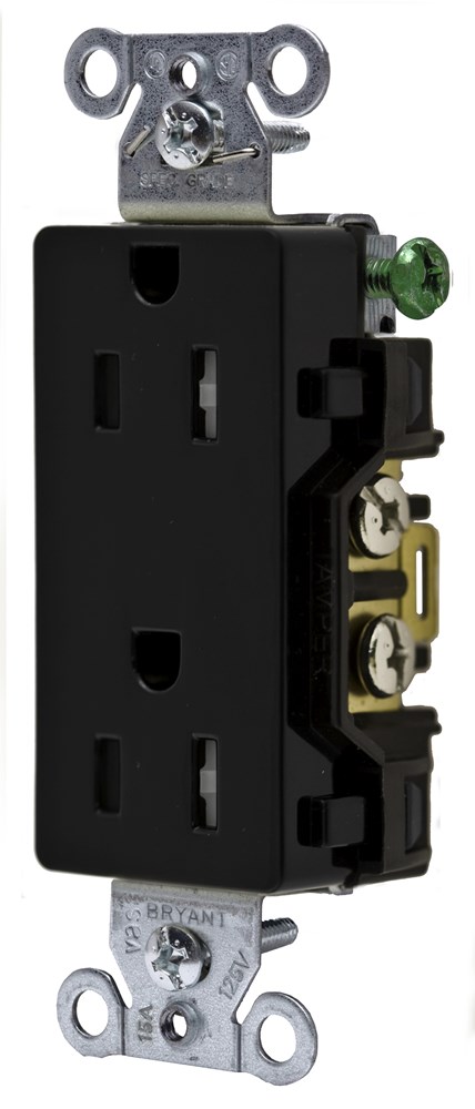 Straight Blade Devices, Tamper and Weather Resistant, Decorator Duplex Receptacle, 15A 125V, 2-Pole 3-Wire Grounding, 5-15R, Black