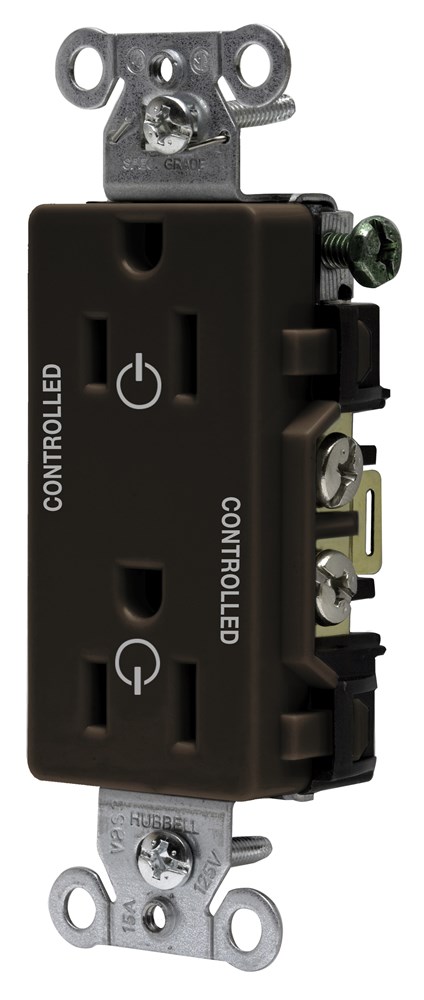 Straight Blade Devices, Receptacles, Decorator Duplex, Commercial Grade, Controlled, 15A 125V, 2-Pole 3-Wire Grounding, 5-15R, Brown
