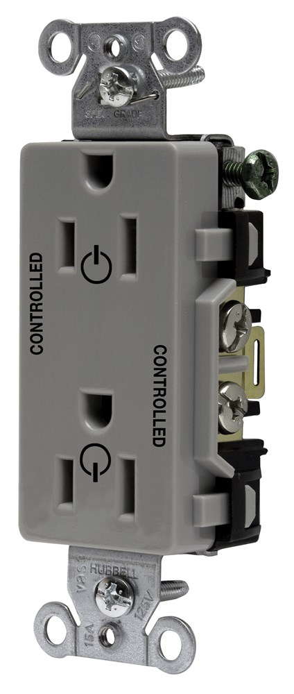 Straight Blade Devices, Receptacles, Decorator Duplex, Commercial Grade, Controlled, 15A 125V, 2-Pole 3-Wire Grounding, 5-15R, Gray