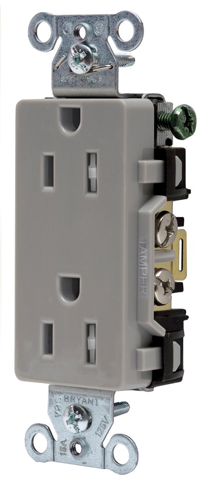 Straight Blade Devices, Receptacles, Tamper- Resistant Duplex, Decorator, Commercial/Industrial Grade, 15A 125V, 2- Pole 3-Wire Grounding, 5-15R, Gray, Single Pack