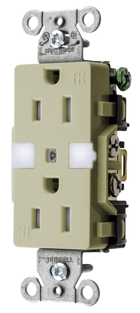 Straight Blade Devices, Receptacles, Decorator Duplex, Commercial Grade, With Night Light, 15A 125V, 2-Pole 3-Wire Grounding, Ivory
