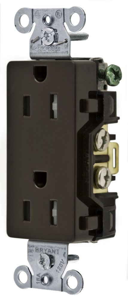 Straight Blade Devices, Tamper and Weather Resistant, Decorator Duplex Receptacle, 15A 125V, 2-Pole 3-Wire Grounding, 5-15R, Brown