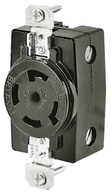 Locking Devices, Industrial, Flush Receptacle, 30A 3-Phase Wye 120/208V AC 400Hz, 4-Pole 5-Wire Grounding, NEMA FSL4, Screw Terminal, Black.