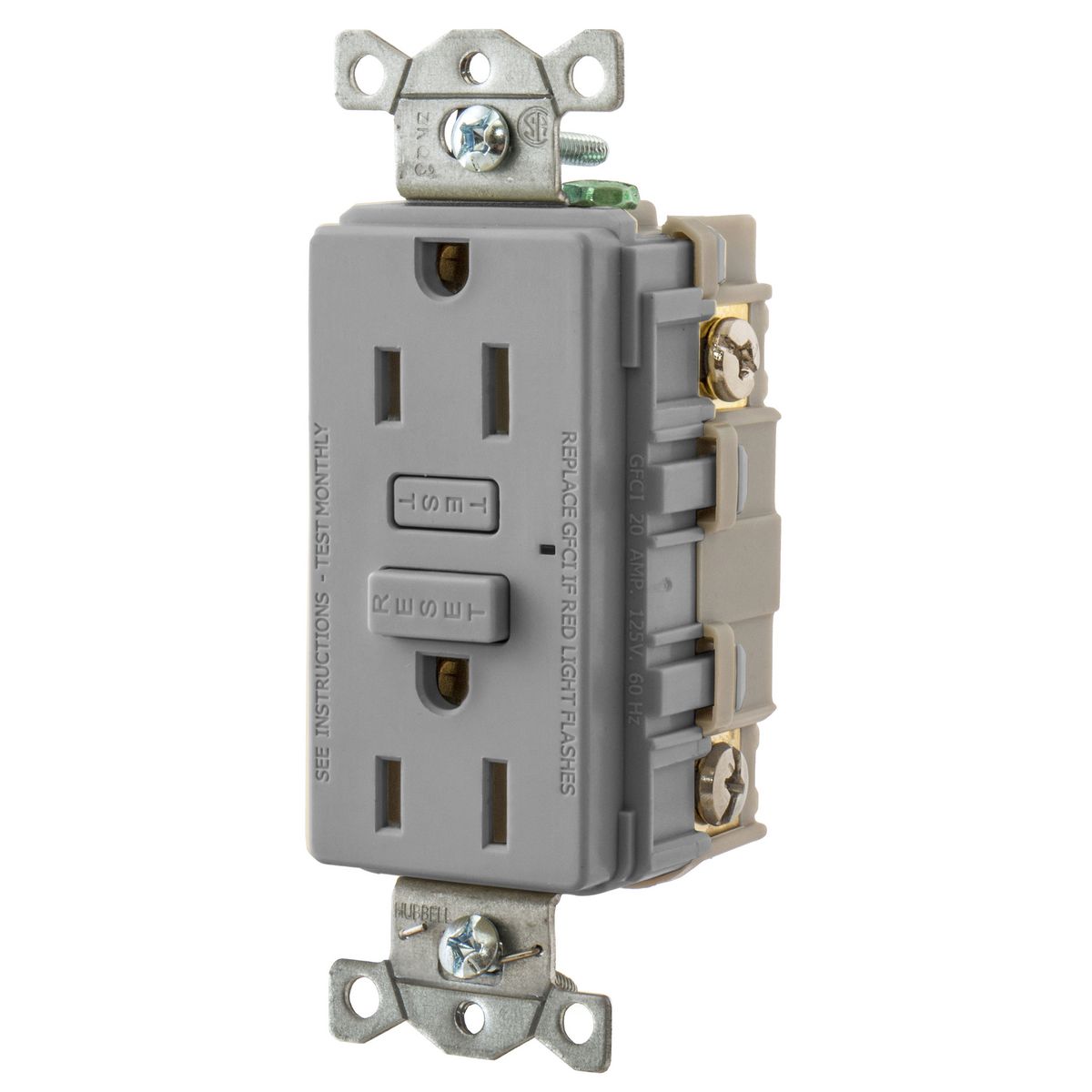 Hubbell Wiring Device Kellems, Power Protection Products, GFCIReceptacle, Duplex, Hubbell PRO, 15A 125V AC, 2-Pole 3-Wire Grounding,5-15R, Gray