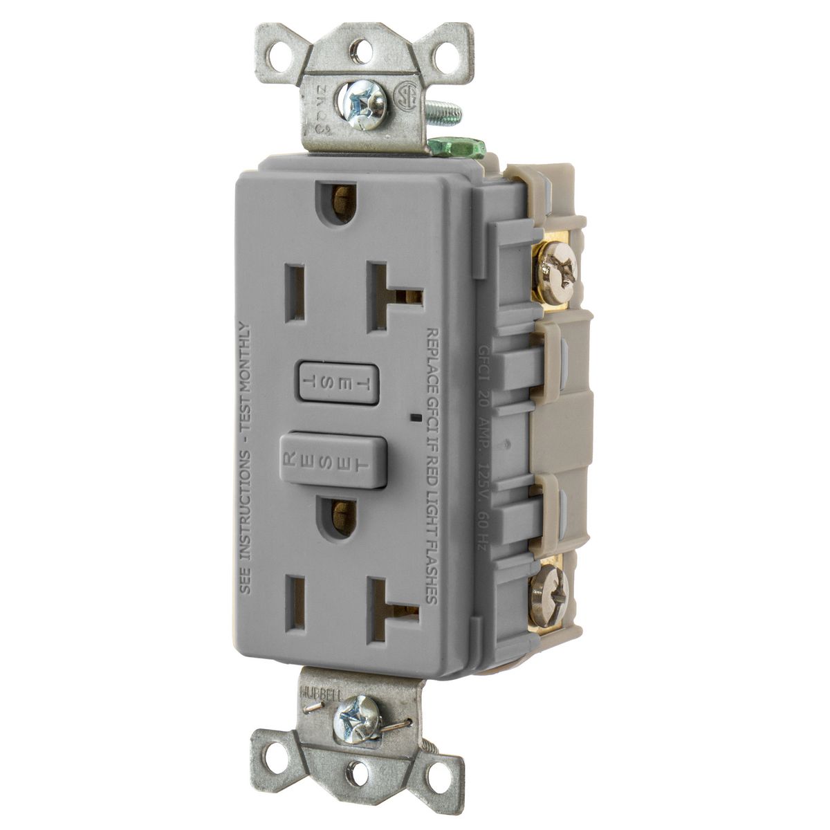 Hubbell Wiring Device Kellems, Power Protection Products, GFCIReceptacle, Duplex, Hubbell PRO, 20A 125V AC, 2-Pole 3-Wire Grounding,5-20R, Gray