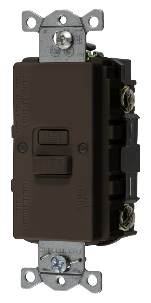 Hubbell Wiring Device Kellems, Power Protection Devices, Self TestFaceless GFCI, 20A 125V, 2-Pole 3-Wire Grounding, Brown