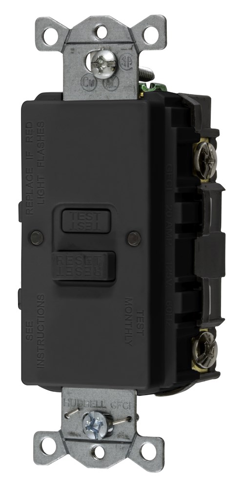Hubbell Wiring Device Kellems, Power Protection Devices, Self TestFaceless GFCI, 20A 125V, 2-Pole 3-Wire Grounding, Black